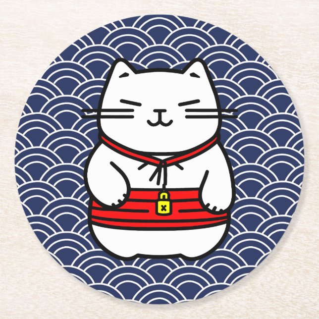 Japanska Lucky Cat eller Maneki-Neko Underlägg Papper Rund (Framsidan)