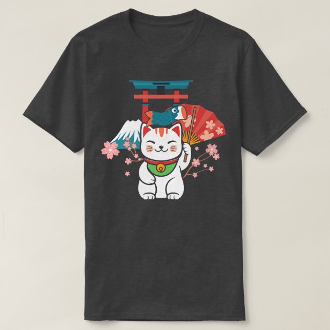 Japanska Lucky Cat Sakura Torii T Shirt (Design framsida)
