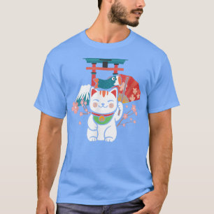 Japanska Lucky Cat Sakura Torii T Shirt