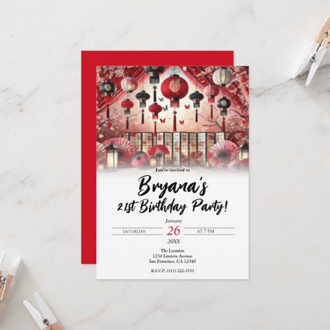 Japanska lyktor & Körsbärsblommor Födelsedagsfest Inbjudningar (Fram/Back In Situ)