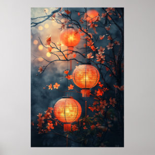 Japanska lyktor på natten – Varm akvarellkonst Poster