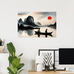 Japanska Manar Sailing Boat Evening River Landskap Poster