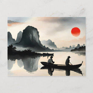 Japanska Manar Sailing Boat Evening River Landskap Vykort