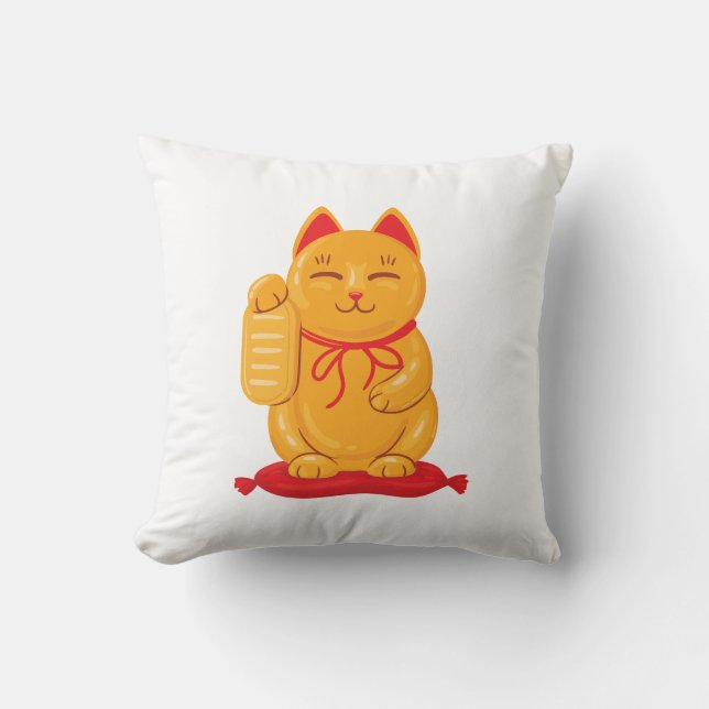Japanska Maneki Neko Guld Cat, förmögenhetssymbol Kudde (Framsida)