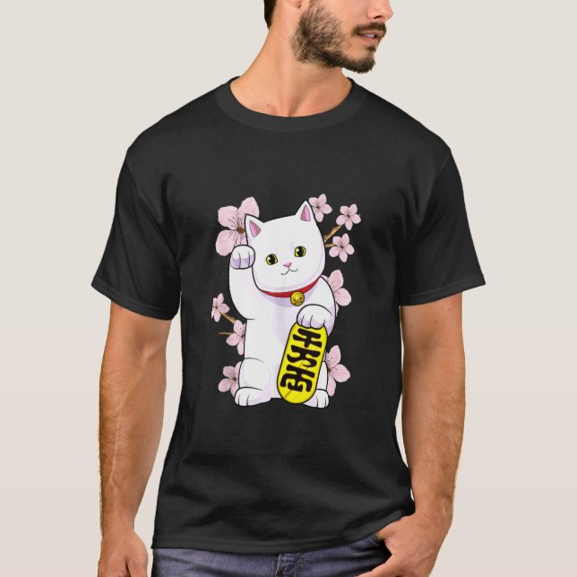 Japanska Maneki Neko Lucky Cat Lycka till Feng Shu T Shirt (Framsida)