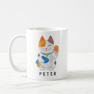 Japanska Maneki Neko White Cat, lycka till Kaffemugg