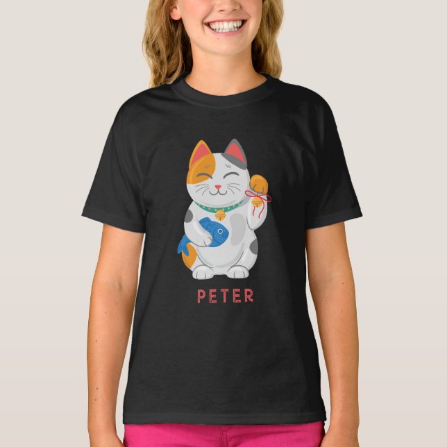 Japanska Maneki Neko White Cat, lycka till T Shirt (Framsida)