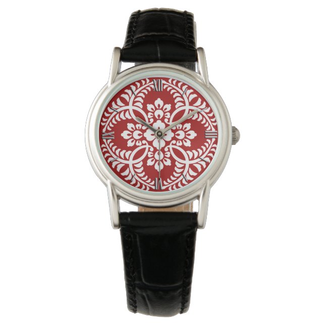 Japanska Medallion Mönster, Deep Red och White Armbandsur (Framsida)