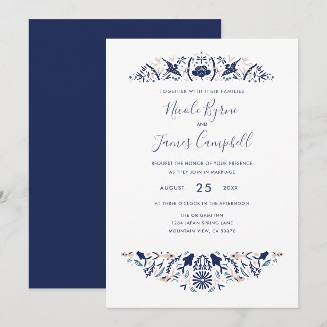 japanska | Modern Koi Fish Crested ibis Lotus Blue Inbjudningar (Fram/baksida)