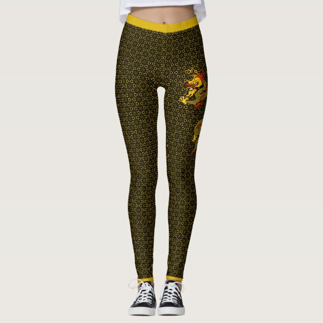 Japanska Mönster & Dragon Black Leggings (Framsida)