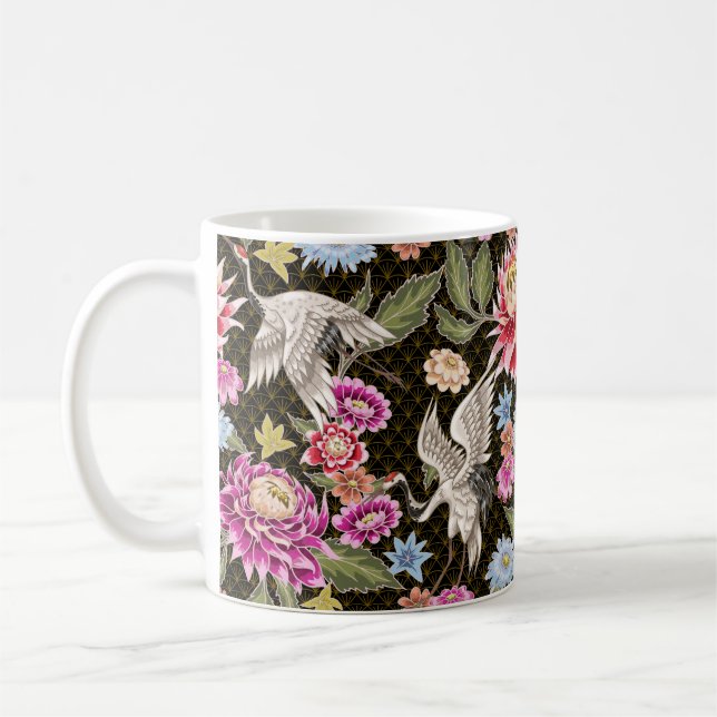 Japanska mönster med blommor och vita kranar kaffemugg (Vänster)