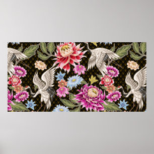 Japanska mönster med blommor och vita kranar poster