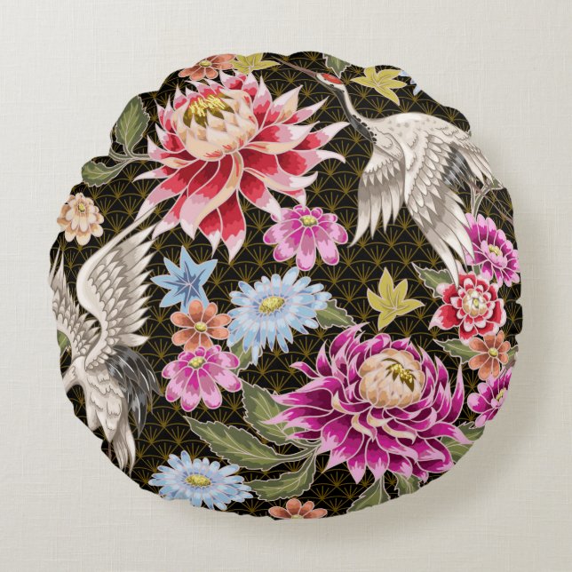 Japanska mönster med blommor och vita kranar rund kudde (Framsidan)