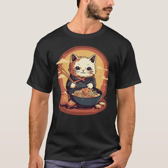 Japanska Neko Kattunge Eating Ramen T Shirt (Framsida)