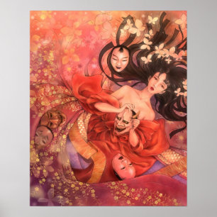 Japanska Noh maskerar fantasikonstaffischen Poster