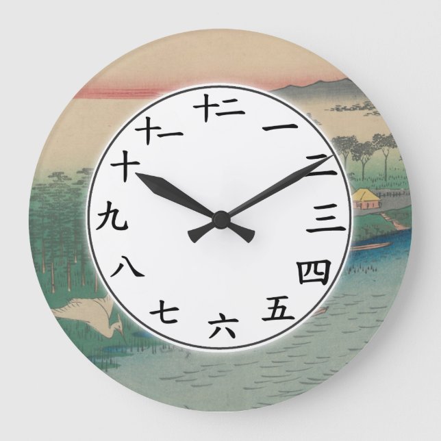 Japanska Numbers Clock Sunset River Bird Art Stor Klocka (Framsida)