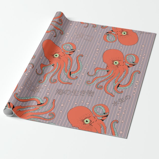 Japanska Octopus Mönster Presentpapper (Utrullad)