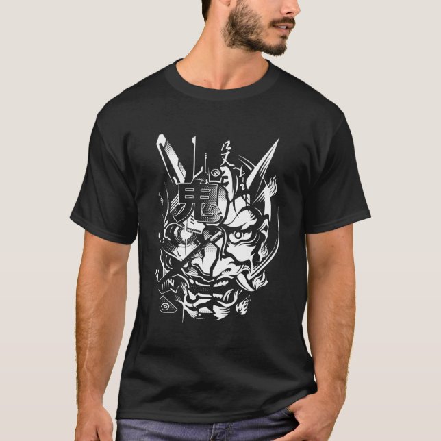 Japanska Oni Cyberpunk Samurai Roligt Techwear T Shirt (Framsida)