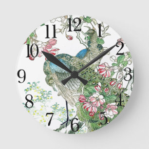 Japanska peacock Birds Crabapple Blommar Wall Cloc Rund Klocka