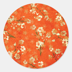 Japanska Red and Guld Blommönster Sticker Runt Klistermärke