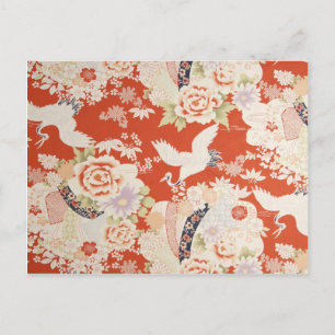 Japanska Red Kimono Crane Mönster Sakura Flowers Vykort