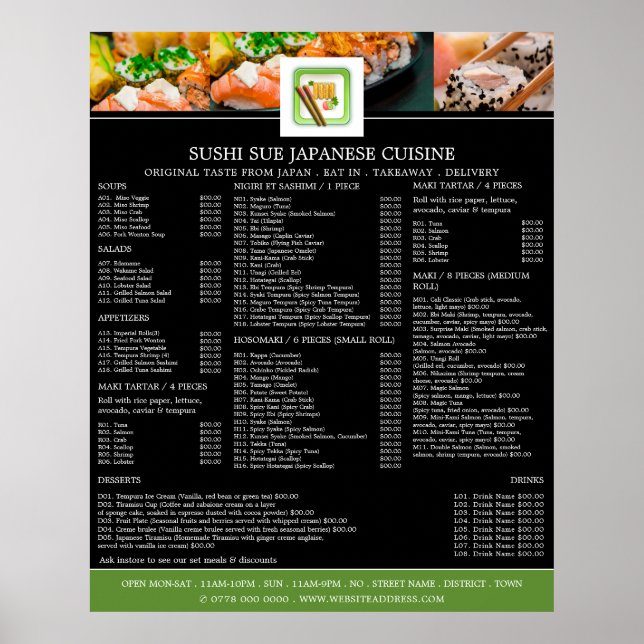 Japanska restauranger, Sushi Menu Poster (Framsidan)