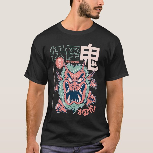 Japanska Retro Red Oni Demon Kaiju T Shirt (Framsida)