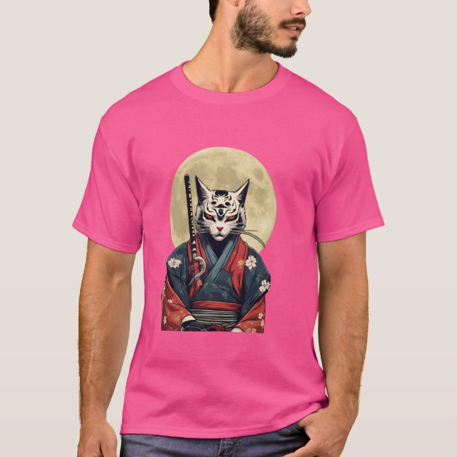 Japanska Retro Samurai Cat Warrior T-Shirt (Framsida)