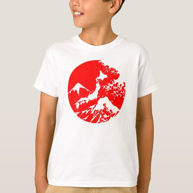 Japanska röda Mount Fuji vinkar tryckskjortan Tee (Framsida)