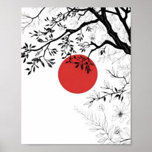 Japanska röda sol & penselträdskonst poster