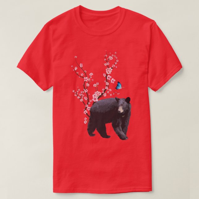 Japanska Sakura Cherry Blommar Black Bear Japanska T Shirt (Design framsida)