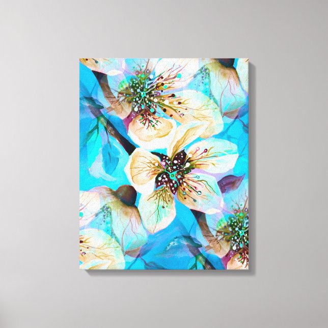 Japanska Sakura Cherry Träd Flowers i Aqua Blue Canvastryck (Framsida)