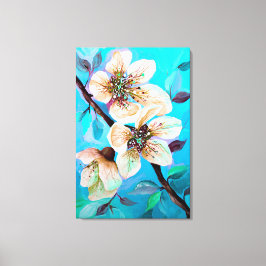 Japanska Sakura Cherry Träd Flowers i Aqua Blue Canvastryck