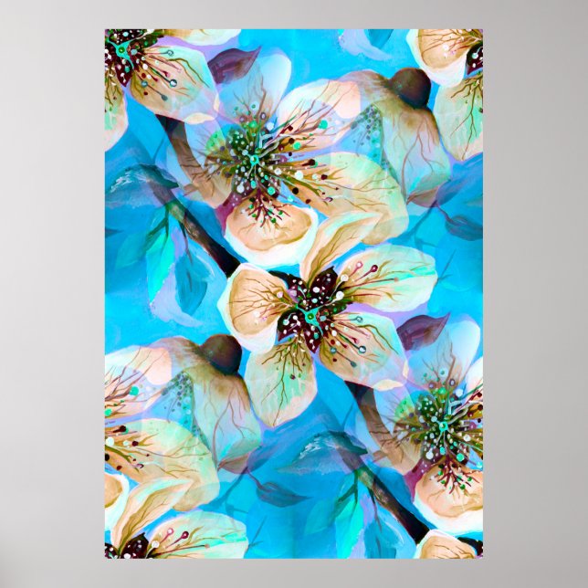 Japanska Sakura Cherry Träd Flowers i Aqua Blue Poster (Framsidan)