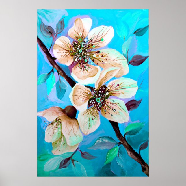 Japanska Sakura Cherry Träd Flowers i Aqua Blue Poster (Framsidan)