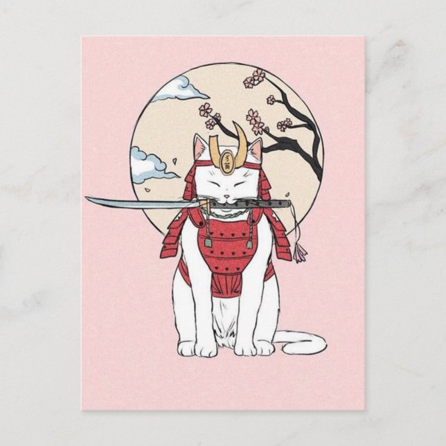 Japanska Sakura Samurai Cat Poster Vykort (Framsida)