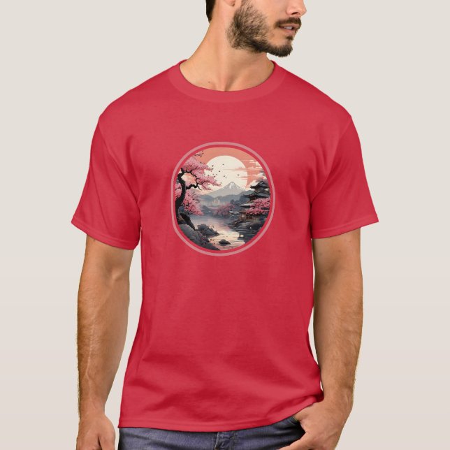 Japanska Sakura Scenery Ukiyo-e Stil T Shirt (Framsida)