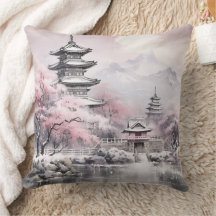 Japanska Sakura Träd Pagoda och Bridge Rosa Grått