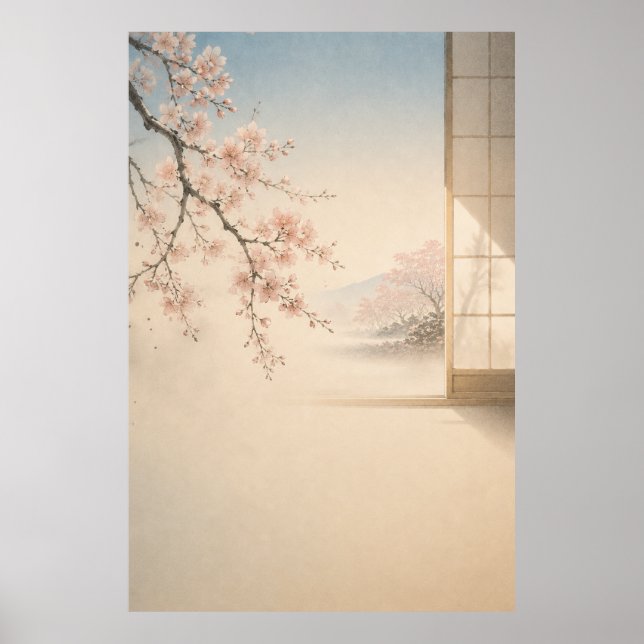 Japanska Sakura Trädgård Japandi Väggkonst Affisch (Framsidan)