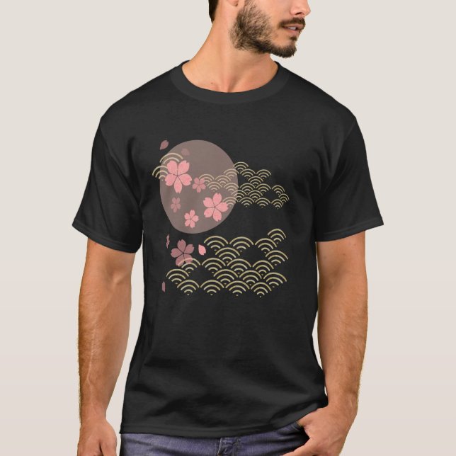 Japanska Sakura-trädgården Japansk konst våg måne  T Shirt (Framsida)
