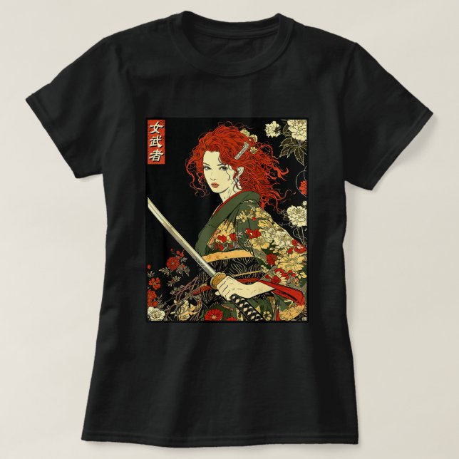 Japanska samurai Art Irish Woman with Katana Sword T Shirt (Design framsida)