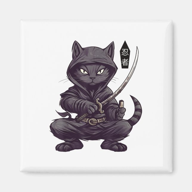 Japanska Samurai Black Cat Tattoo, Kawaii Ninja Bl Magnet (Framsidan)