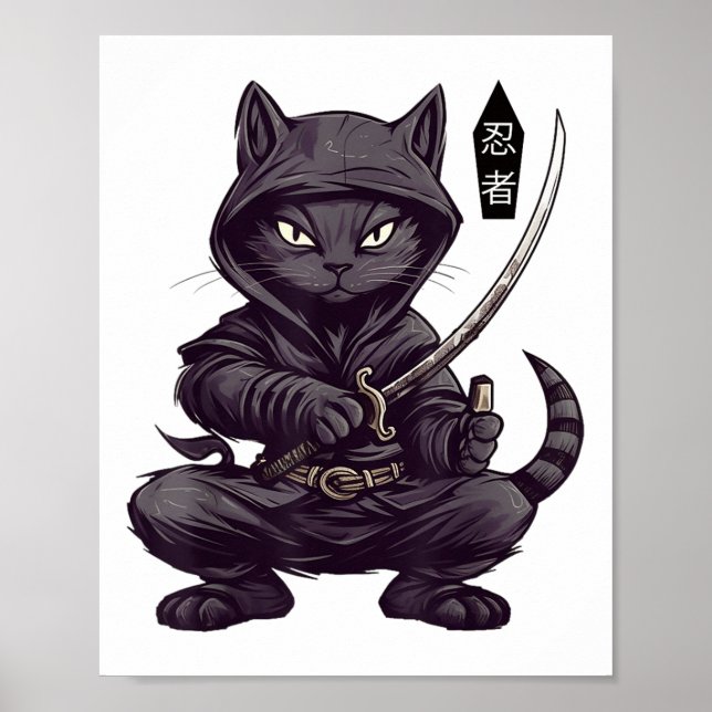 Japanska Samurai Black Cat Tattoo, Kawaii Ninja Bl Poster (Framsidan)
