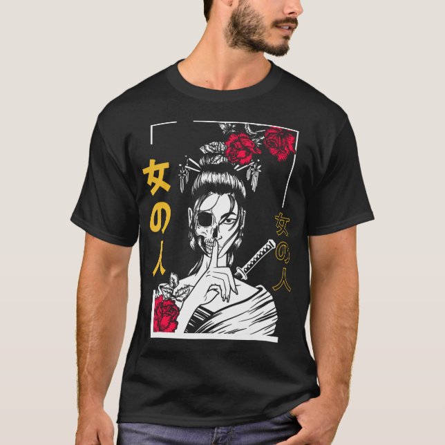 Japanska Samurai Blommigt Warrior Geisha Woman Tok T Shirt (Framsida)