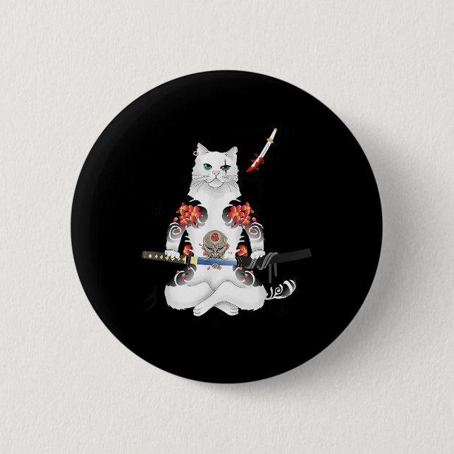 Japanska Samurai Cat Katana Ninja Yakuza Tattoo Knapp (Framsida)