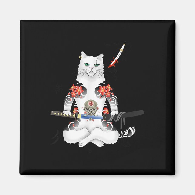 Japanska Samurai Cat Katana Ninja Yakuza Tattoo Magnet (Framsidan)