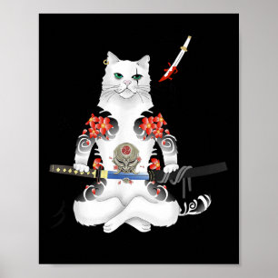 Japanska Samurai Cat Katana Ninja Yakuza Tattoo Poster