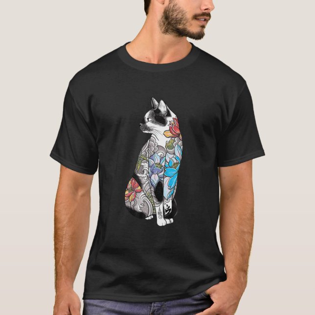 Japanska Samurai Cat Katana Ninja Yakuza Tattoo T Shirt (Framsida)