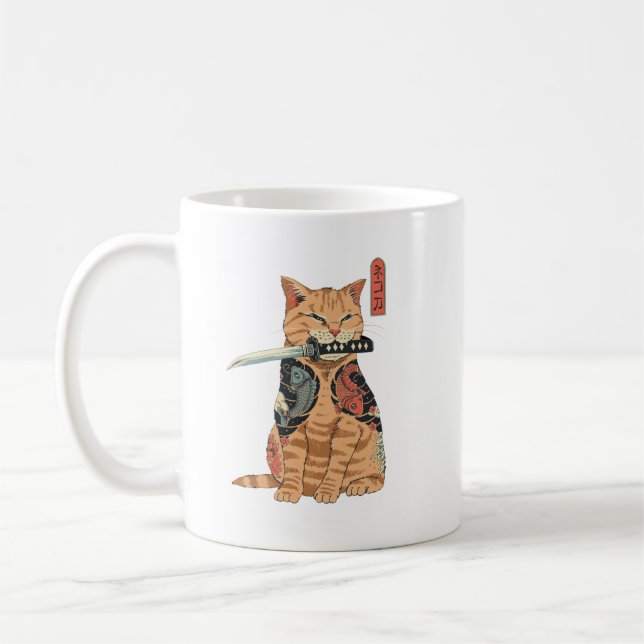 Japanska Samurai Cat Mugg (Vänster)