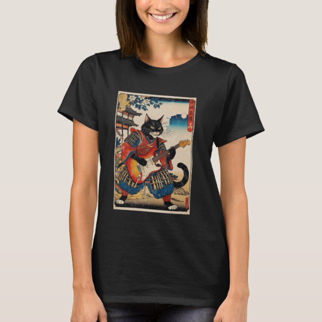 Japanska Samurai Cat Pay Electric Guitar Ukiyo T Shirt (Framsida)